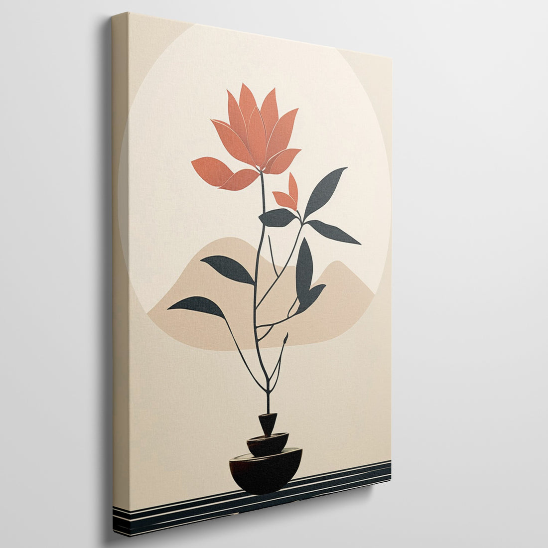 Framed canvas print of a minimalist bonsai tree silhouette against an abstract nature background