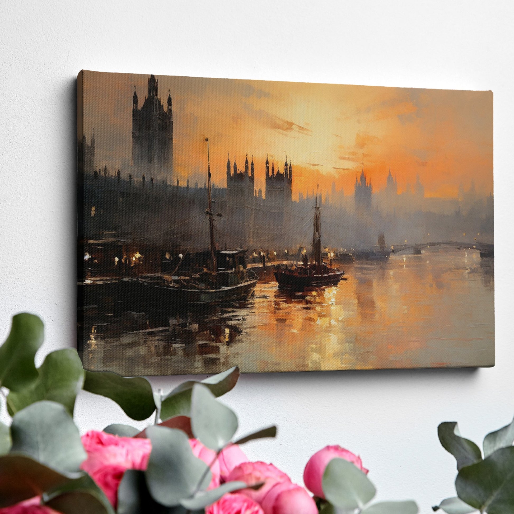 Framed canvas print of a sunset over the River Thames with London skyline and boats in impressionist style