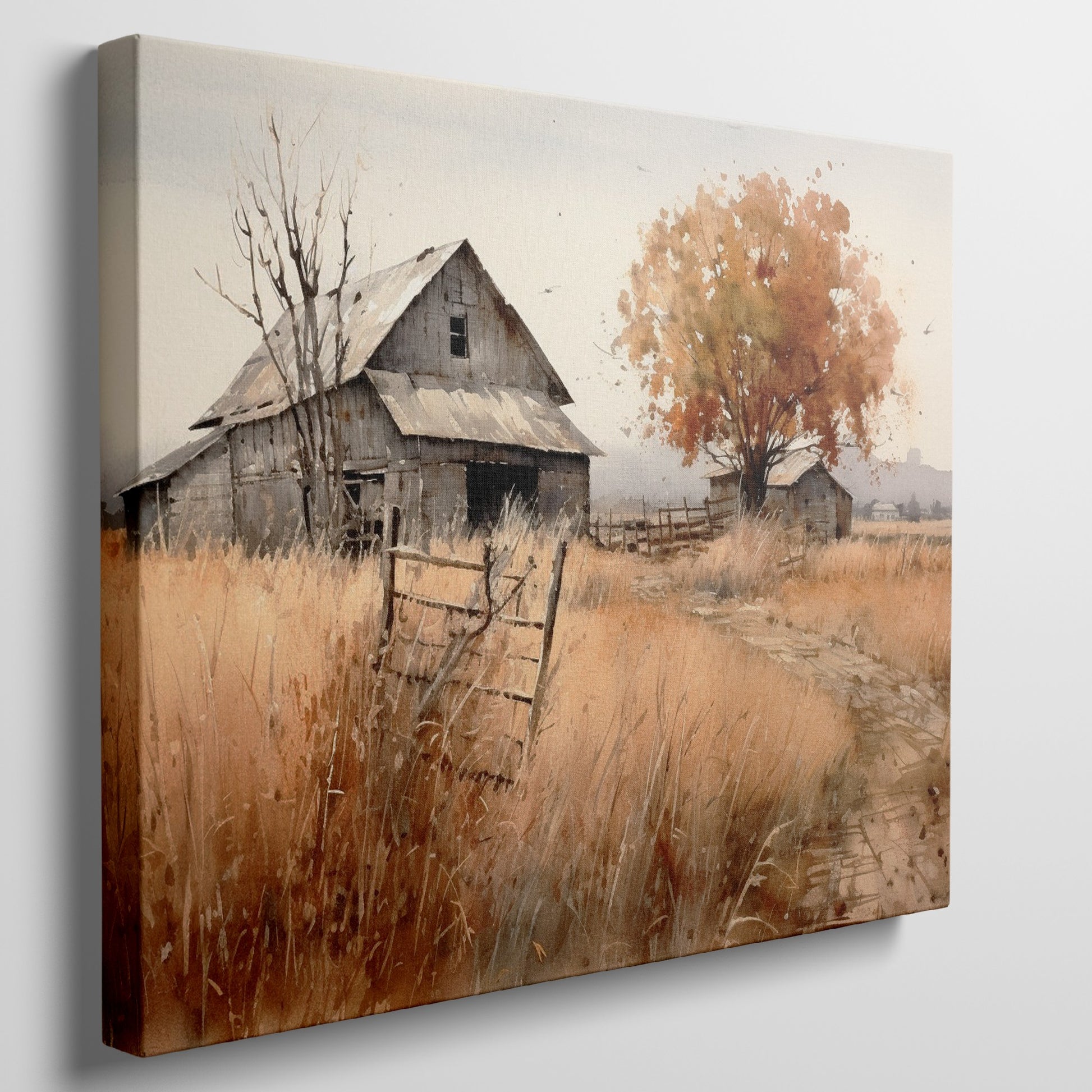 Framed canvas print of a rustic barn in autumn with golden fields and a leafy tree