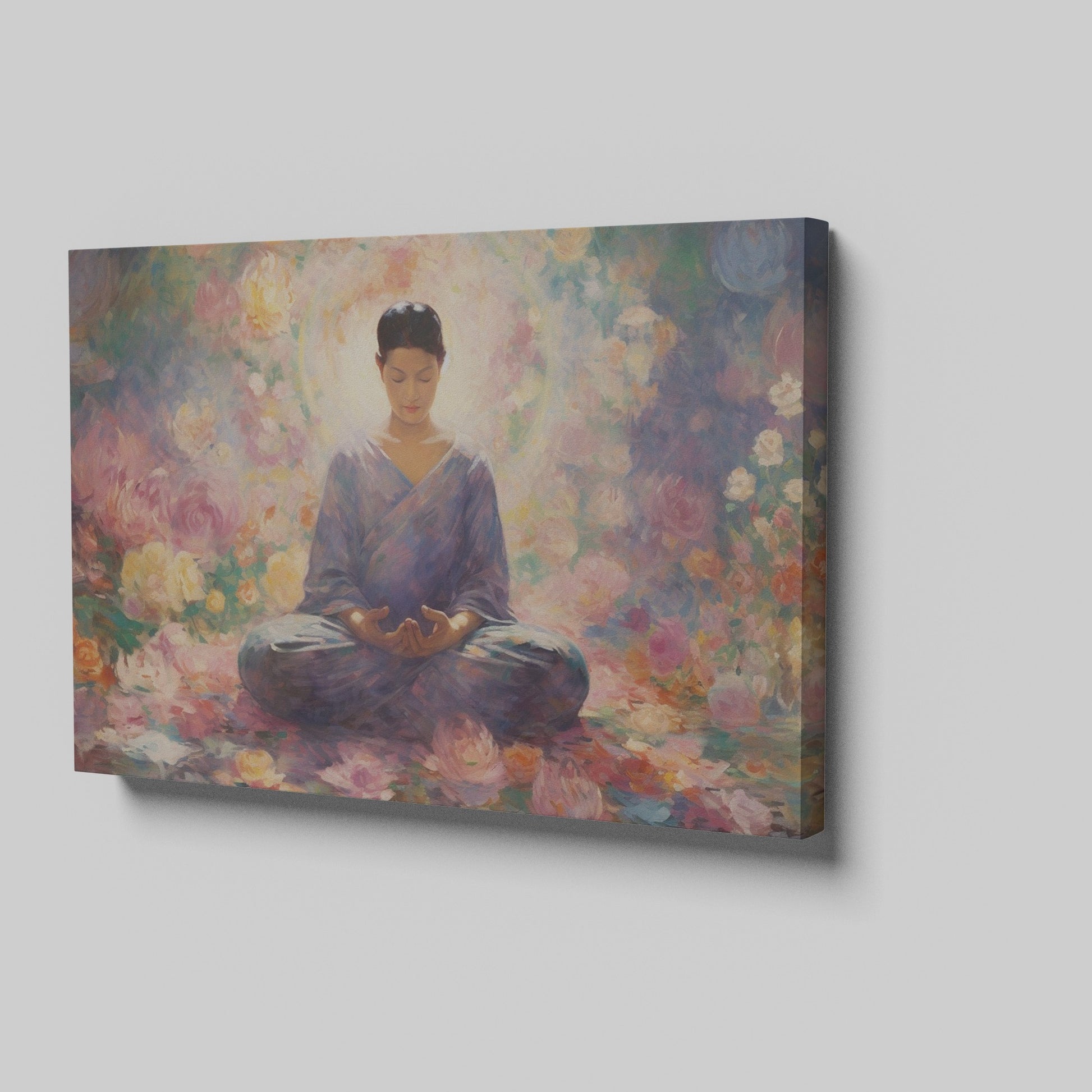 Framed canvas print of a meditative figure in a floral garden with soft pastel tones