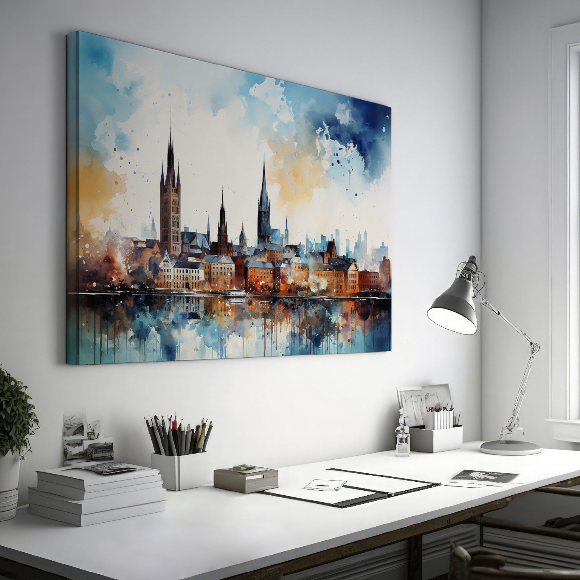 Framed canvas print of abstract watercolour cityscape with vibrant blue, orange and black tones