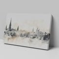 Framed canvas print of a monochromatic sepia cityscape with watercolor and reflection effects