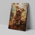 Framed canvas print of a joyful Golden Retriever with autumn leaves in vibrant tones