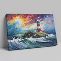 Abstract painting of a lighthouse with colorful brush strokes representing waves and sunset