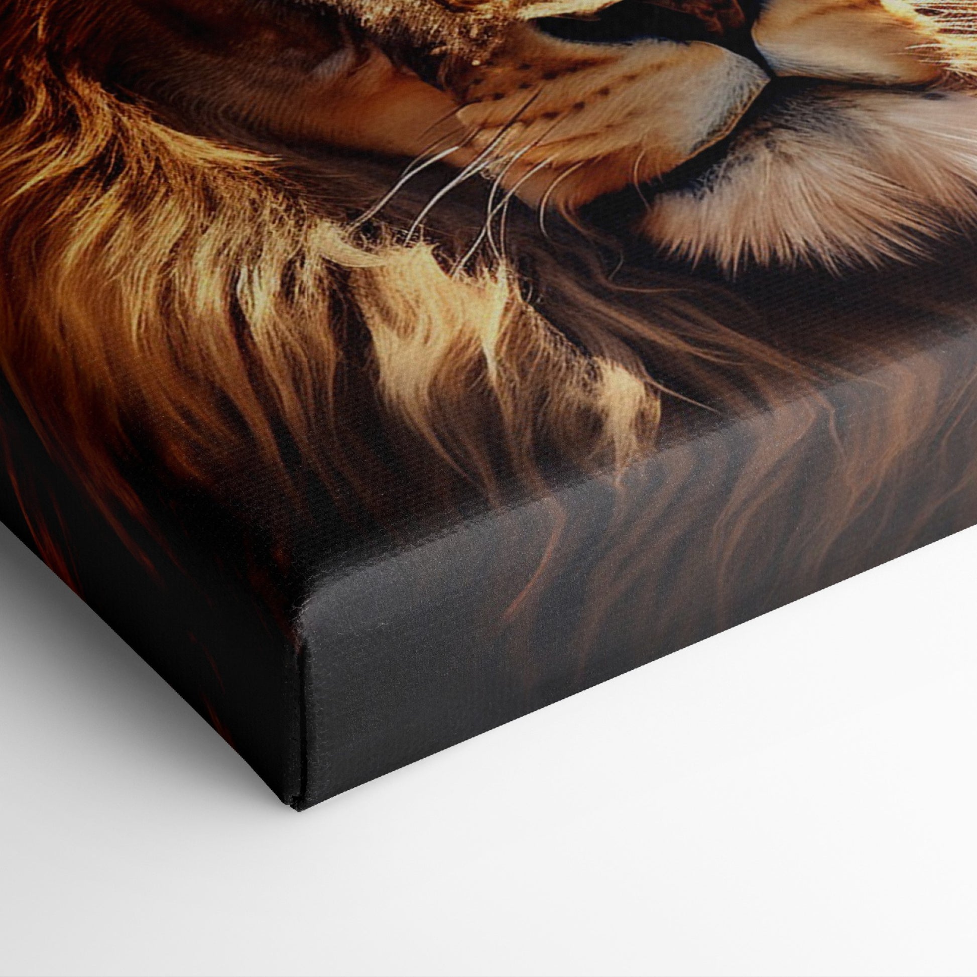 Framed canvas print of a resplendent lion with a fiery mane in earthy tones