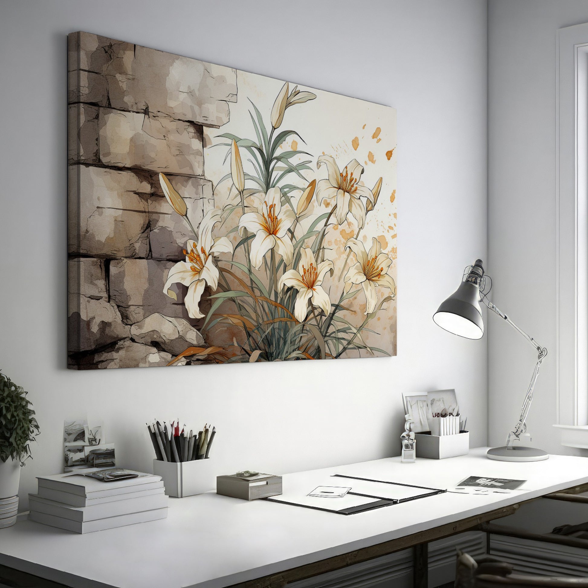 Framed canvas print of elegant white lilies with a rustic textured background in warm earthy tones