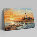 Framed canvas print of a lighthouse overlooking the ocean at sunset with vibrant sky and calm water reflections