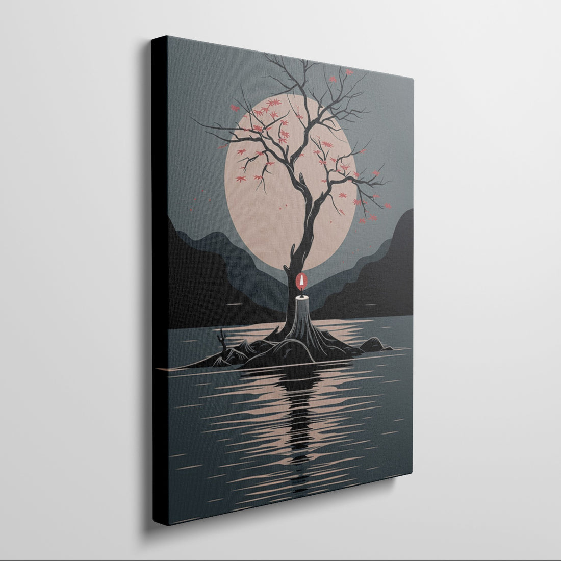 Framed canvas print of a minimalist scene with a lone tree, red leaves, and a moonlit lake