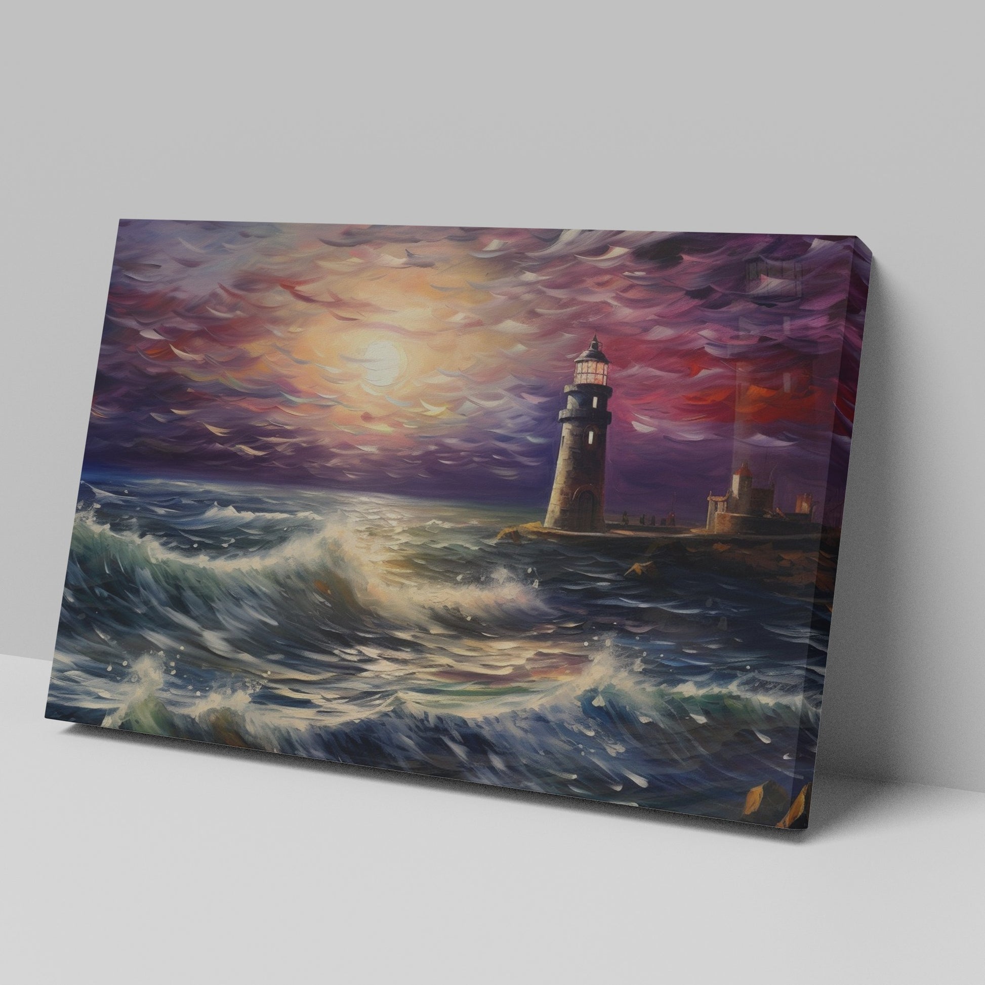 Framed canvas print of a dramatic sunset over a tempestuous sea with a lighthouse