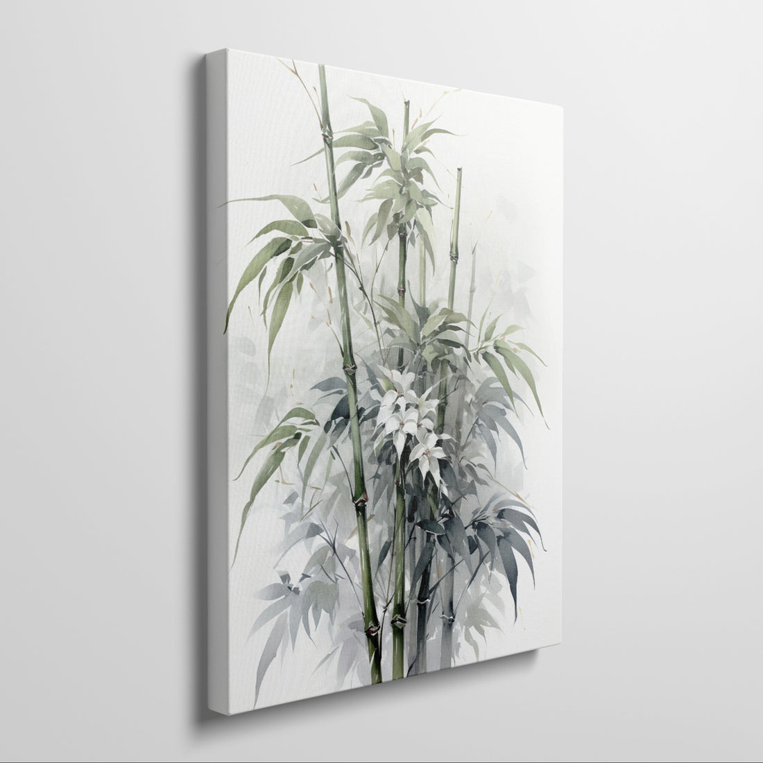 Framed canvas print of stylised bamboo and white flowers in watercolour