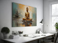 Framed canvas print of a serene Buddha in meditation with warm orange and soft blue abstract background