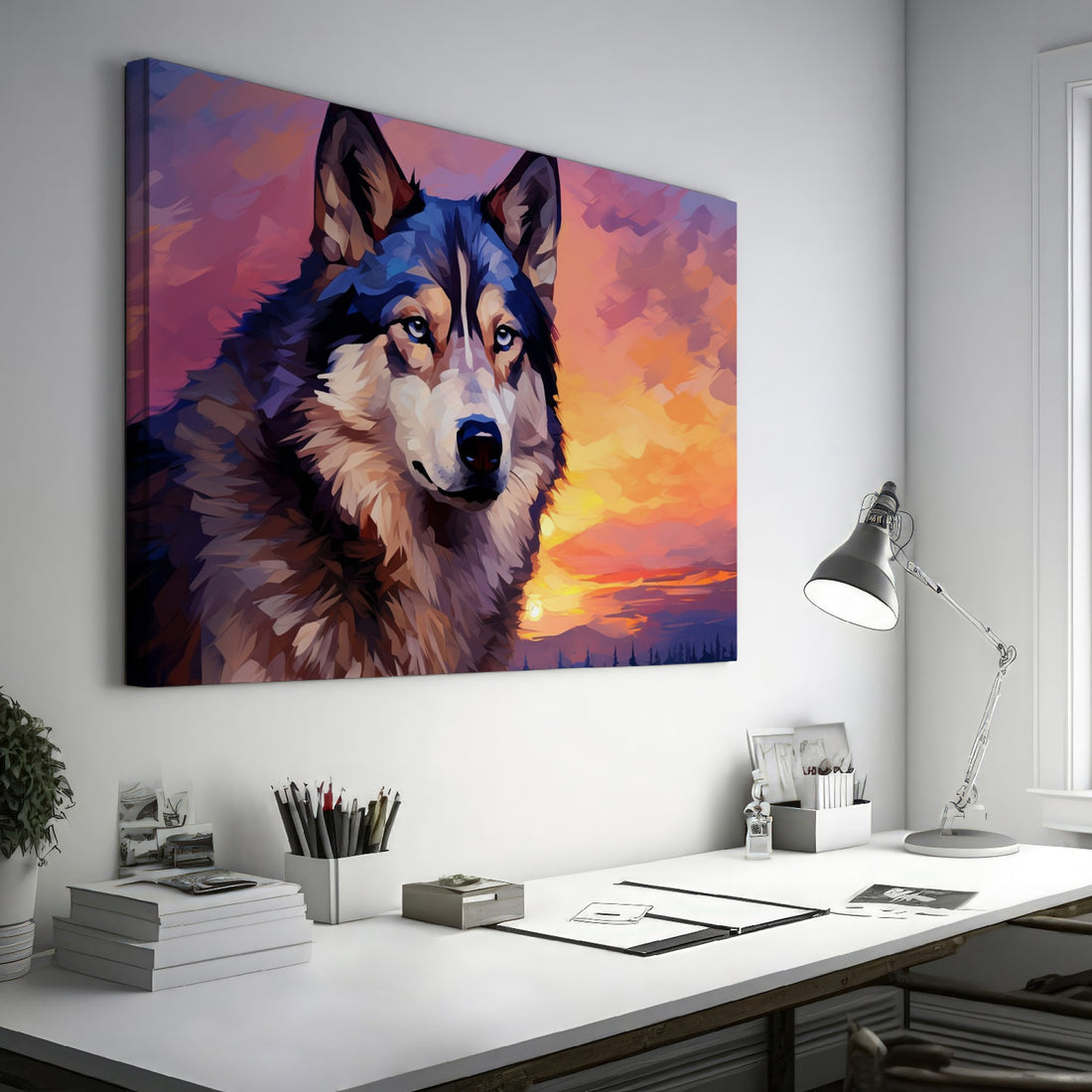 Framed canvas print of a stylized geometric husky against a colourful sunset