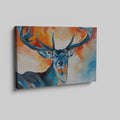 Framed canvas print of a stylized stag with abstract blue and orange background