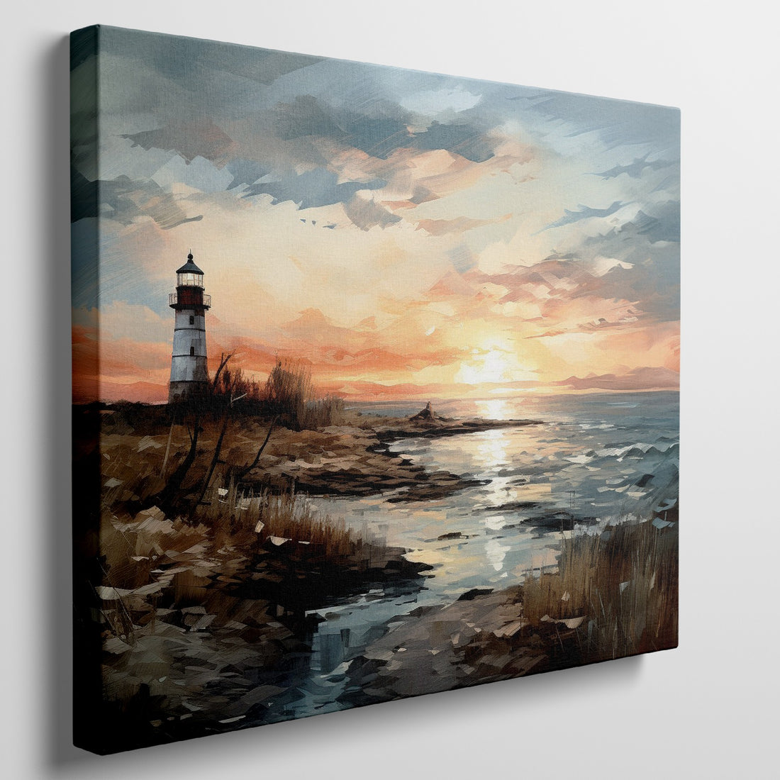 Painting of a lighthouse at sunset with orange and blue skies over a calm sea