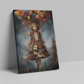 Framed canvas print of a whimsical girl floating with colourful balloons against a mystical city backdrop