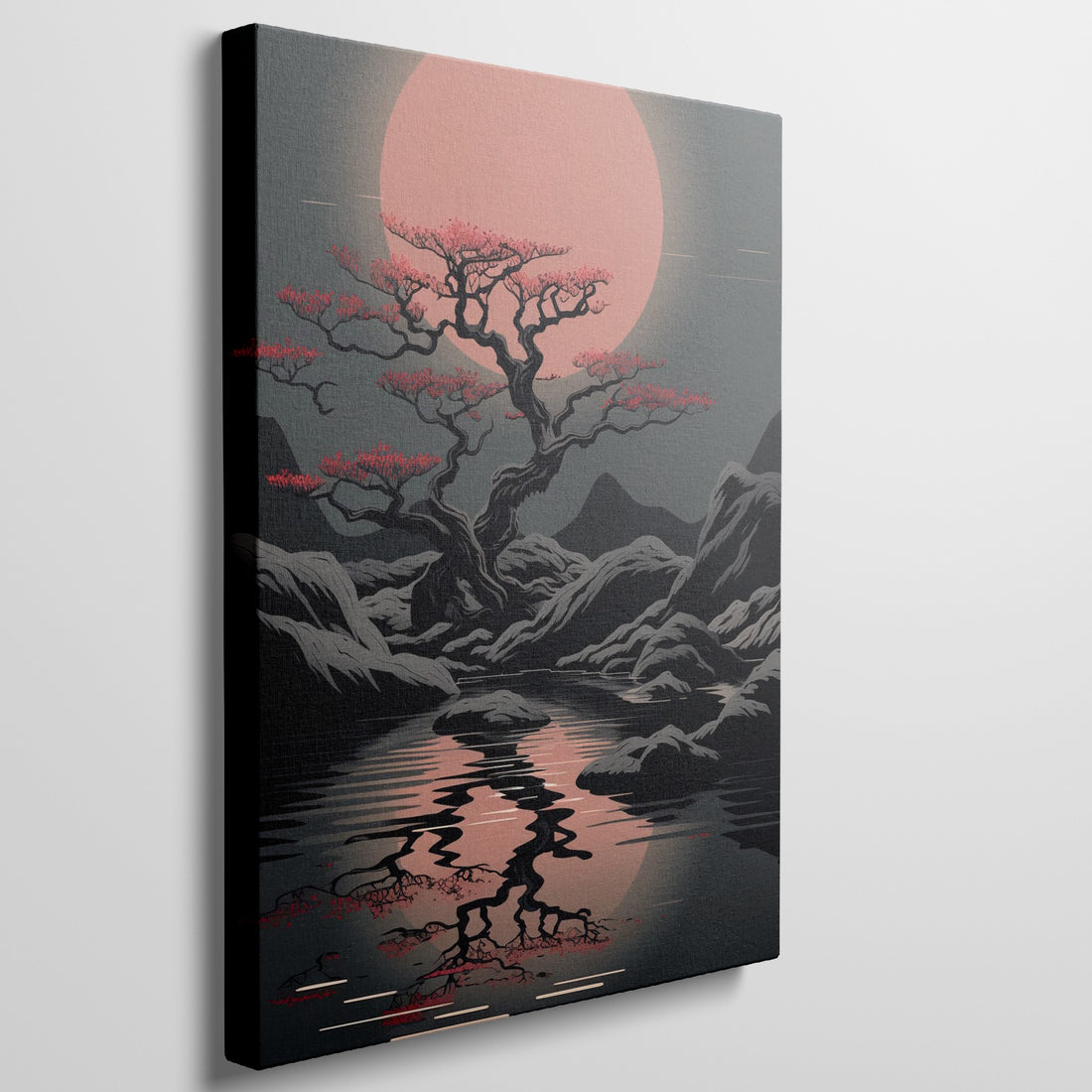 Abstract art of a Sakura tree with red blossoms by a tranquil lake under a red-orange sunset with mountains in the background