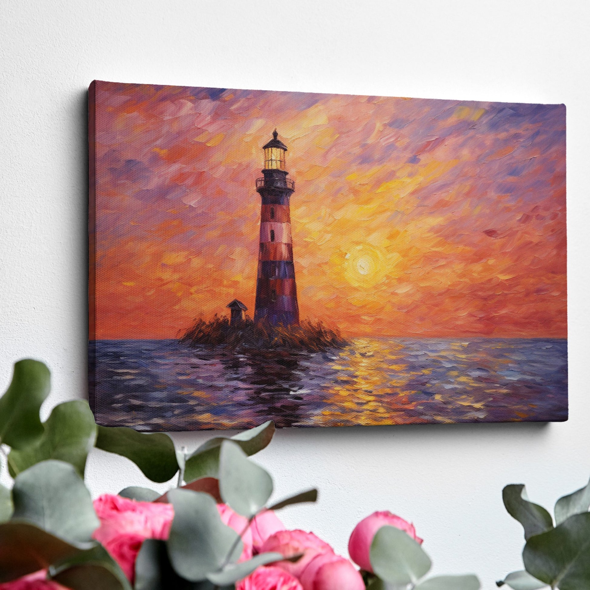 Impressionistic painting of a lighthouse at sunset with orange sky and blue sea