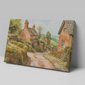 Framed canvas print of a charming English village scene with watercolour cottages in a rustic countryside setting