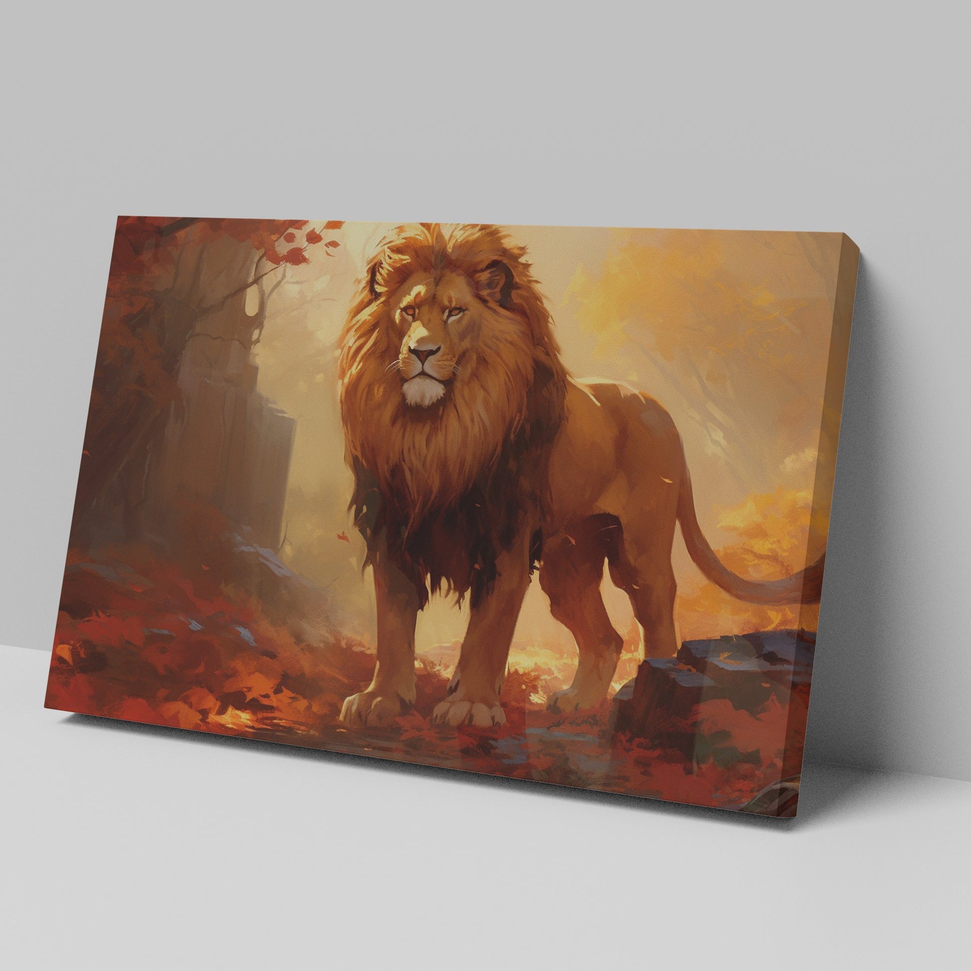 Framed canvas print of a majestic lion in golden autumn forest