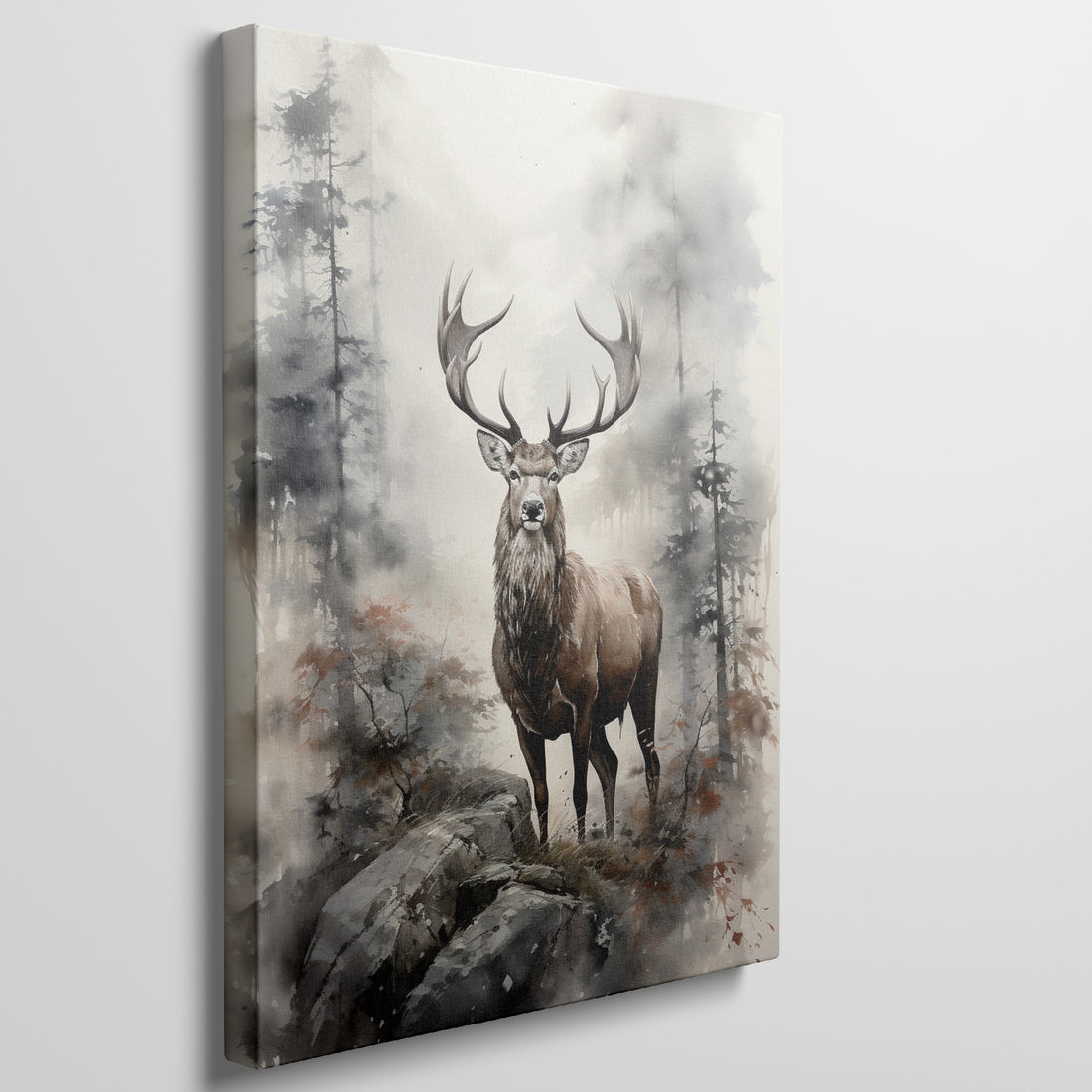 Framed canvas print of a majestic stag in a misty woodland watercolor painting