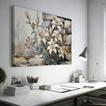 Framed canvas print of elegant white lilies with orange flowers against a rustic stone background, in watercolour style