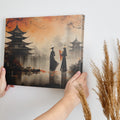 Framed canvas print of Oriental landscape with autumn pagodas and figures in traditional attire