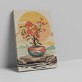 Stylized illustration of an orange bonsai tree in a colorful pot with a sunset and mountains in the background