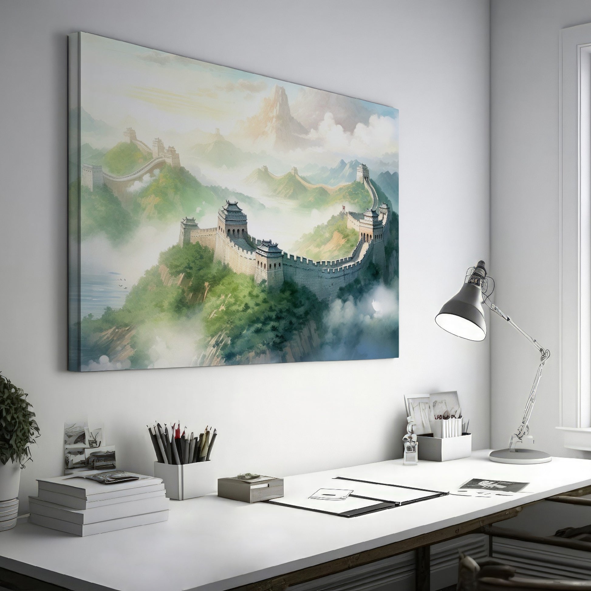 Framed canvas print of the Great Wall of China amidst a misty, mountainous landscape