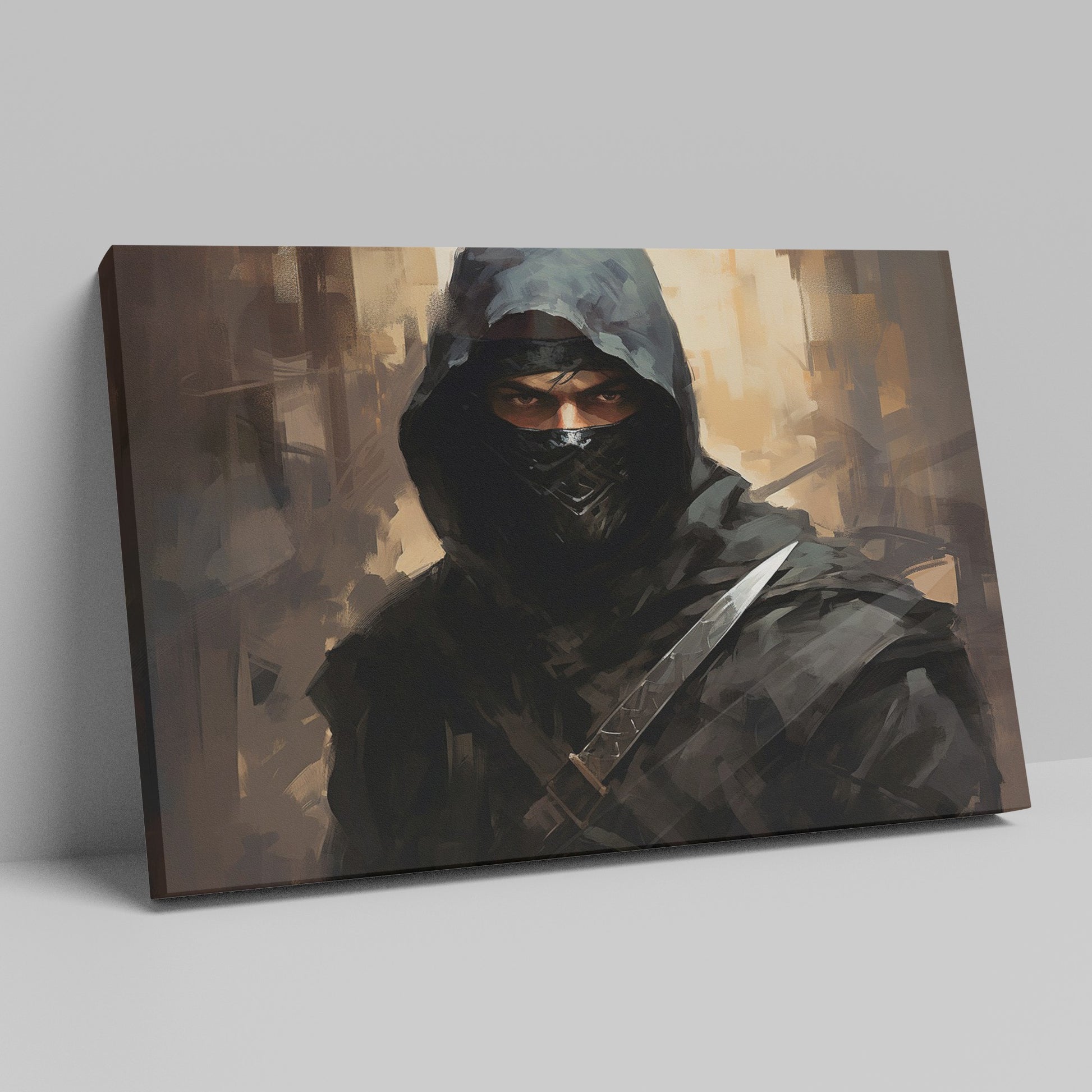 Framed canvas print of a dark and mysterious ninja warrior with intense gaze and sword