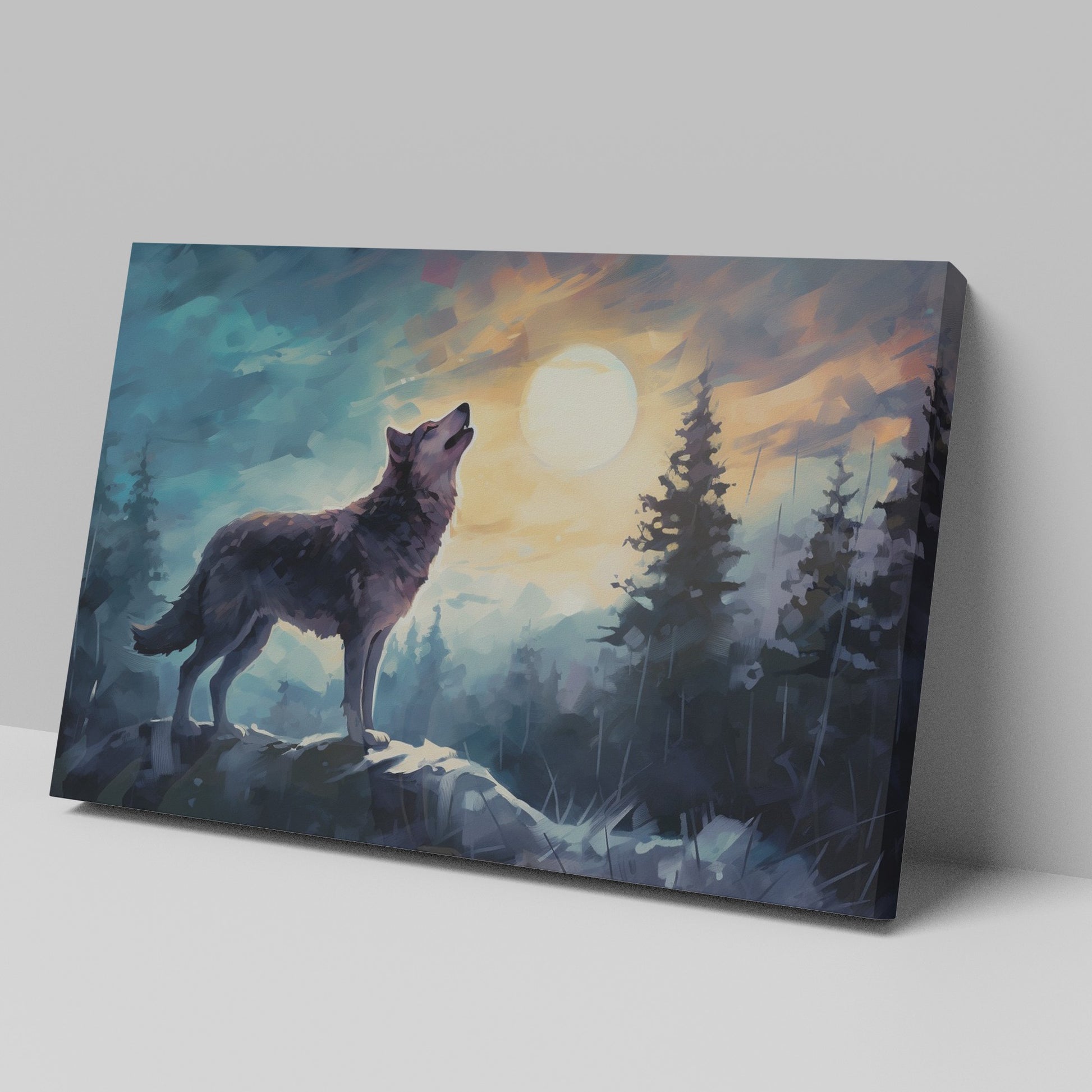 Framed canvas print of a wolf howling at sunset among forest trees