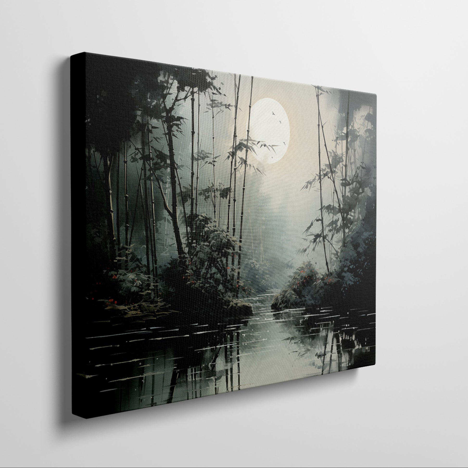 Framed canvas print of a serene bamboo forest under moonlight with water reflections and a misty ambiance