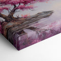 Framed canvas print of a cherry blossom tree by a tranquil lake at dusk with mountains in the background, reflecting soft pink and purple hues