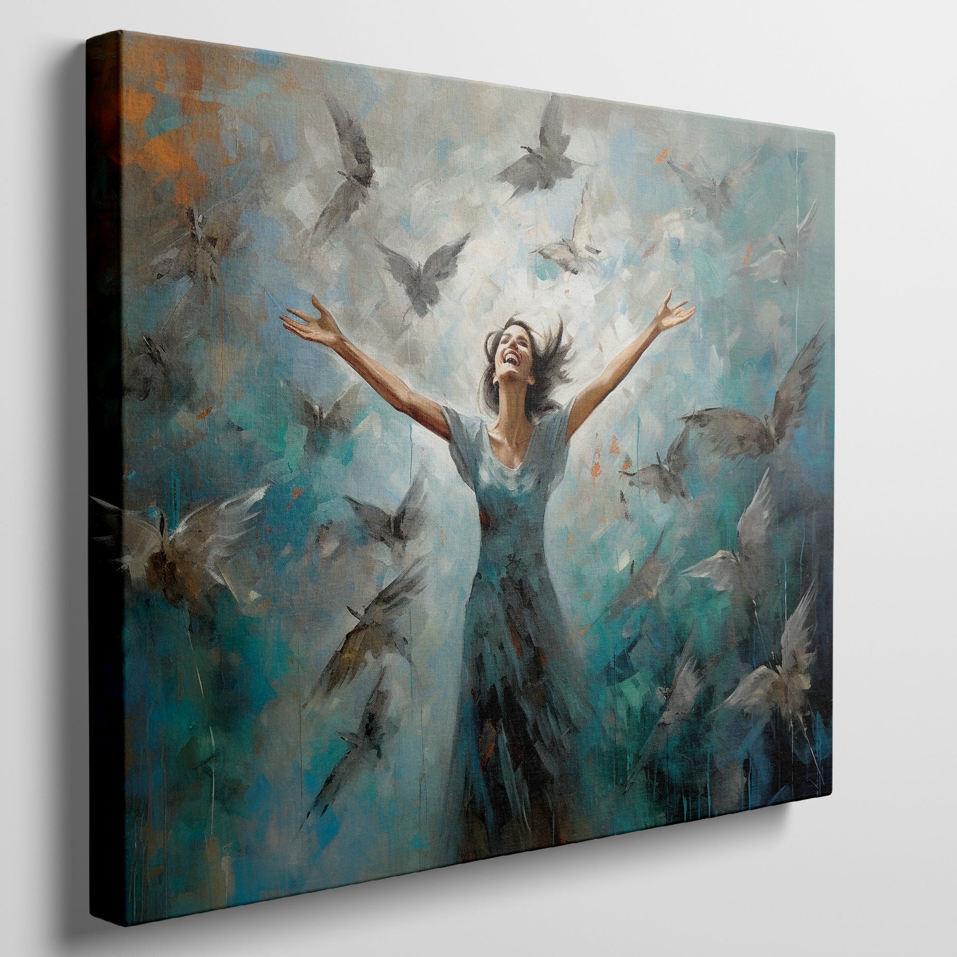 Framed canvas print of a woman joyfully embracing surrounded by impressionist styled birds