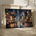 Framed canvas print of an urban street scene with illuminated pagoda and glistening rain-covered streets at night