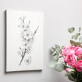 Framed canvas print of monochrome blossoms and a butterfly in a minimalist style