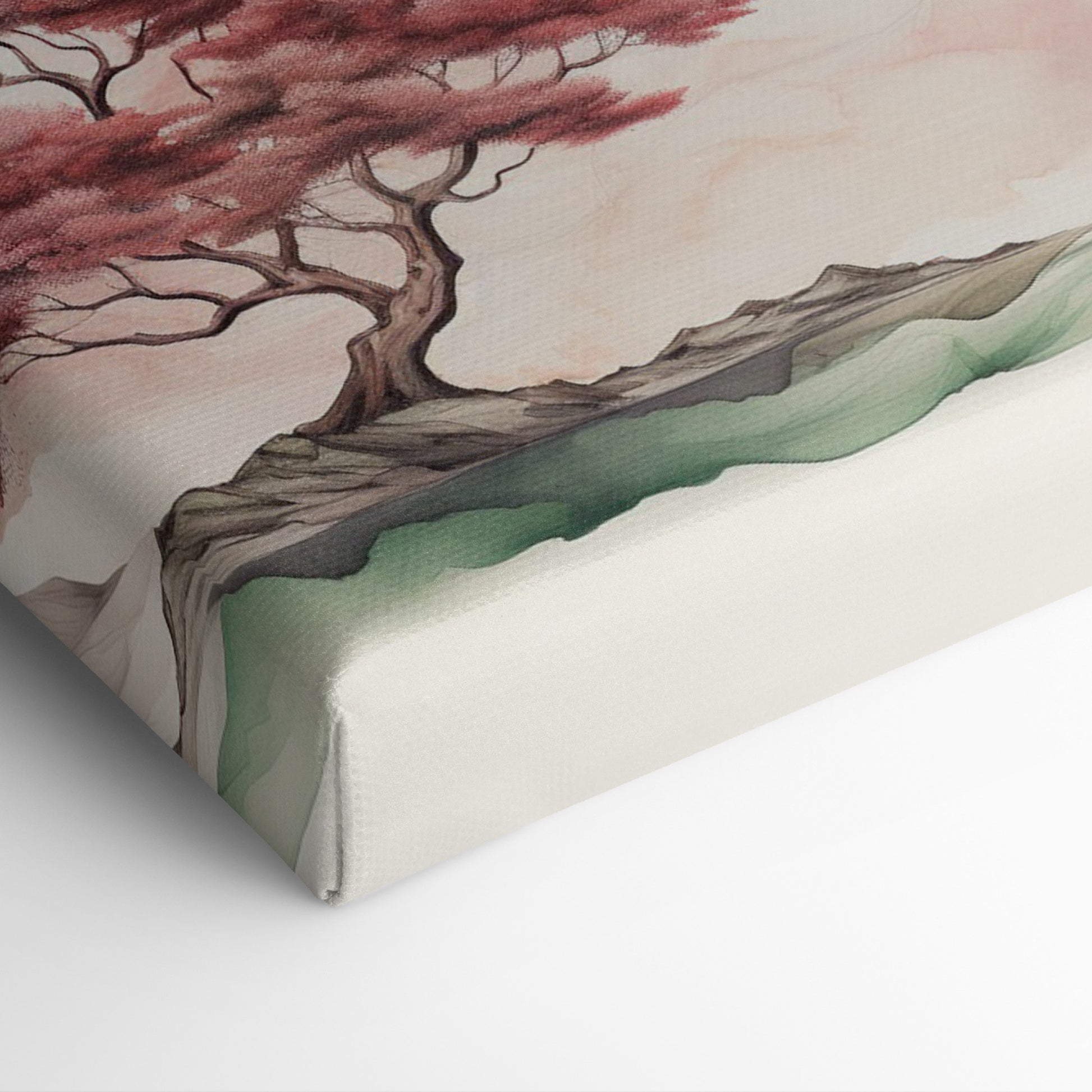 Framed canvas print of a serene ink wash painting featuring a cherry blossom tree and misty landscape