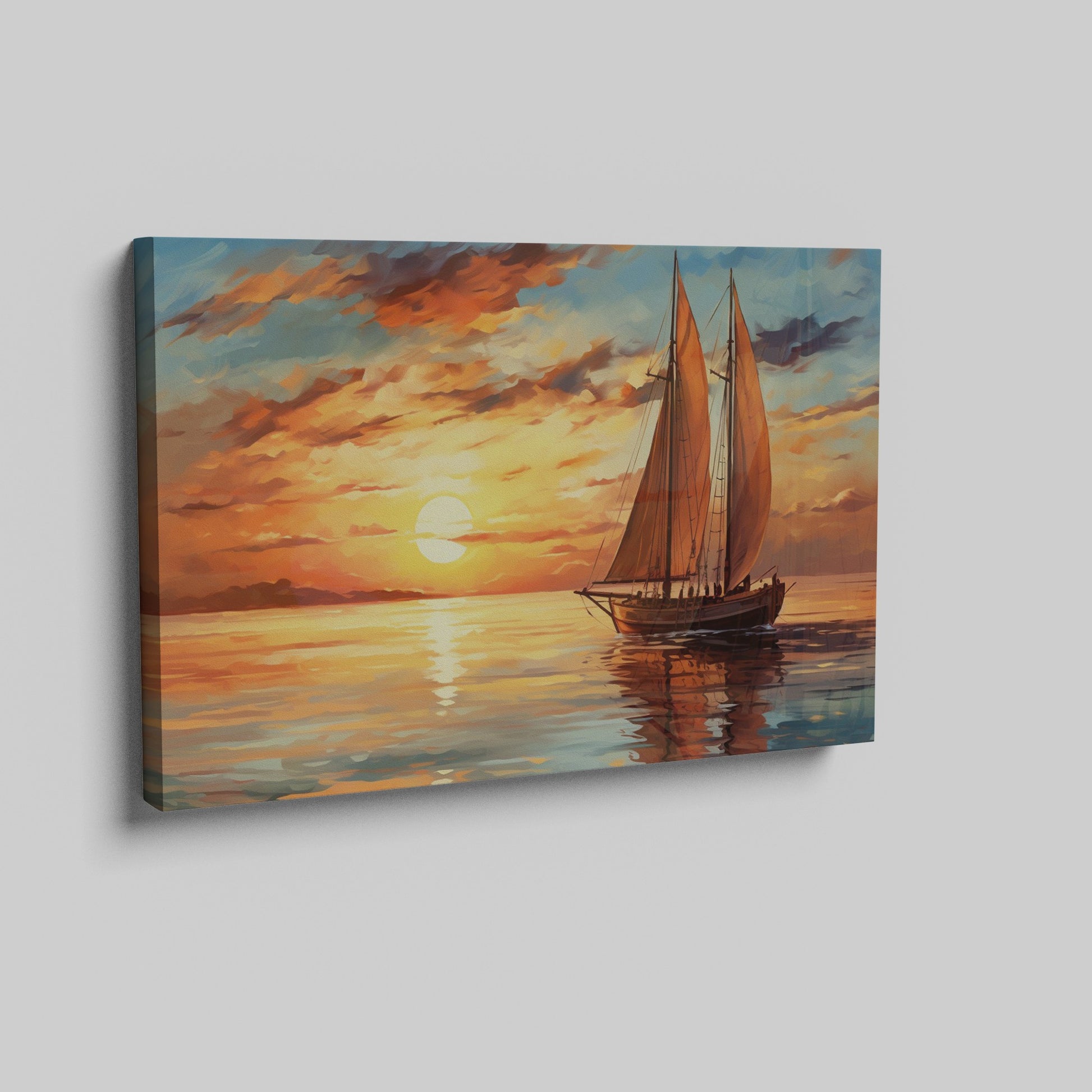 Impressionistic canvas painting of a sailboat at sunset with vivid orange sky and calm sea reflections