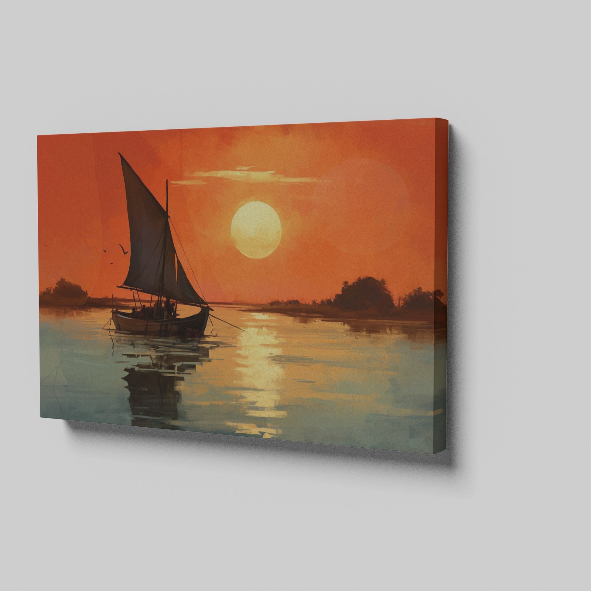 Framed canvas print of a sailboat against an orange sunset with water reflections