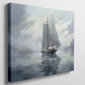 Framed canvas print of an impressionistic painting of a sailboat in a misty seascape setting