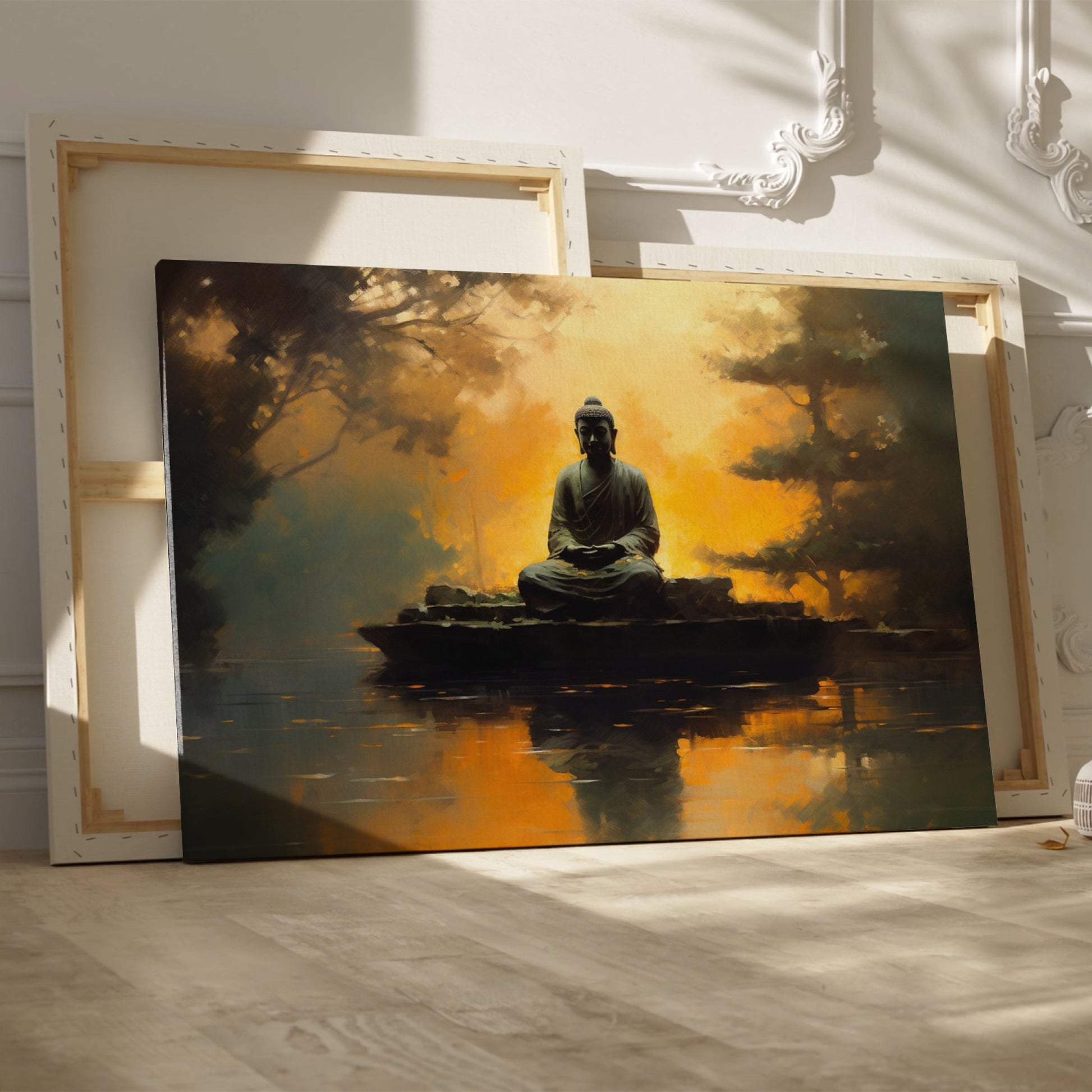 Framed canvas print of Buddha silhouette before an orange sunset with tree reflections on water