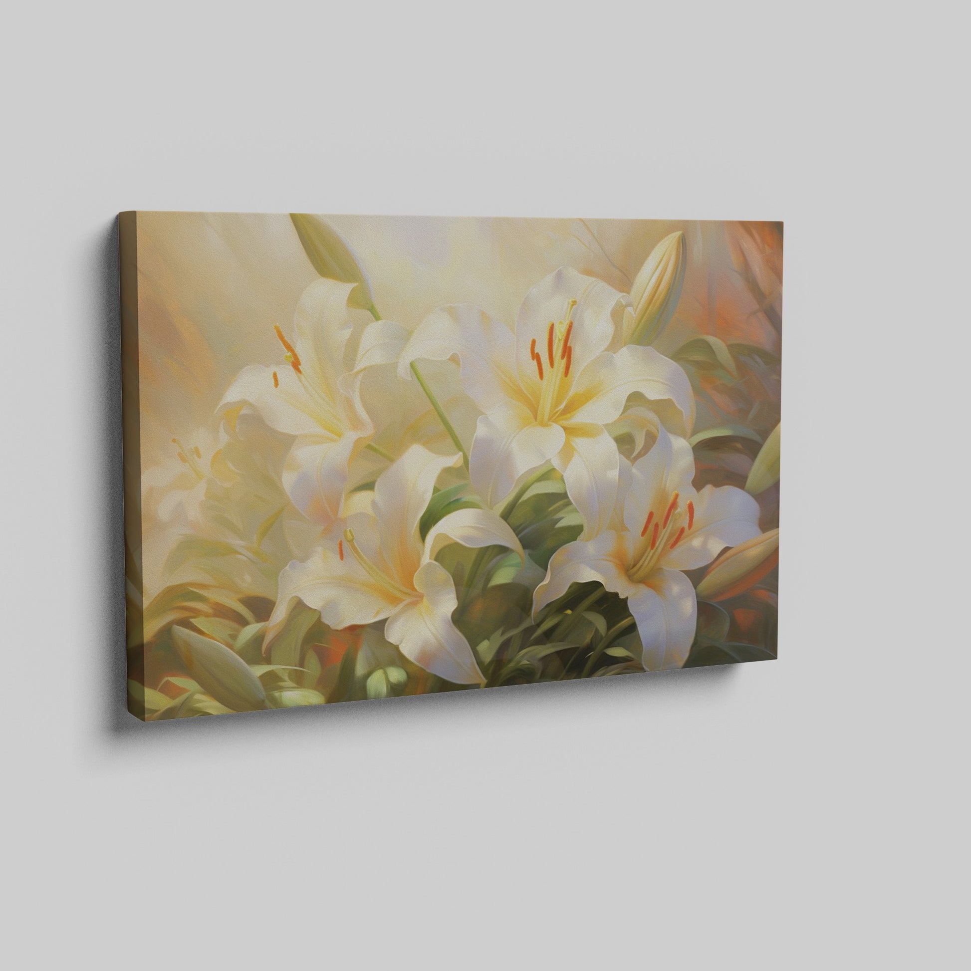 Framed canvas print of serene white lilies with a warm colour palette and lush greenery