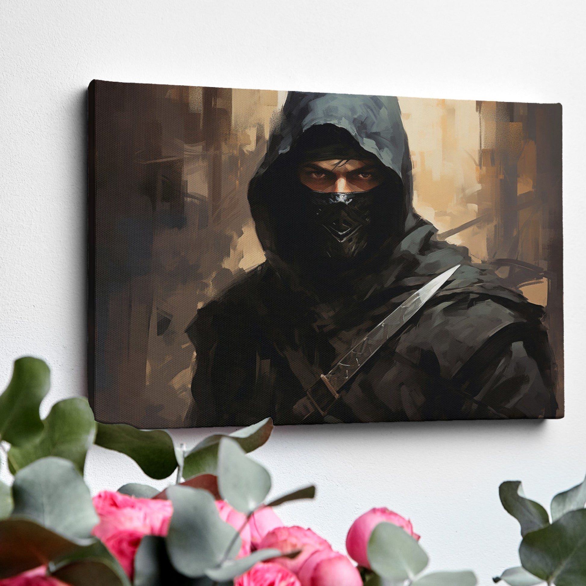 Framed canvas print of a dark and mysterious ninja warrior with intense gaze and sword