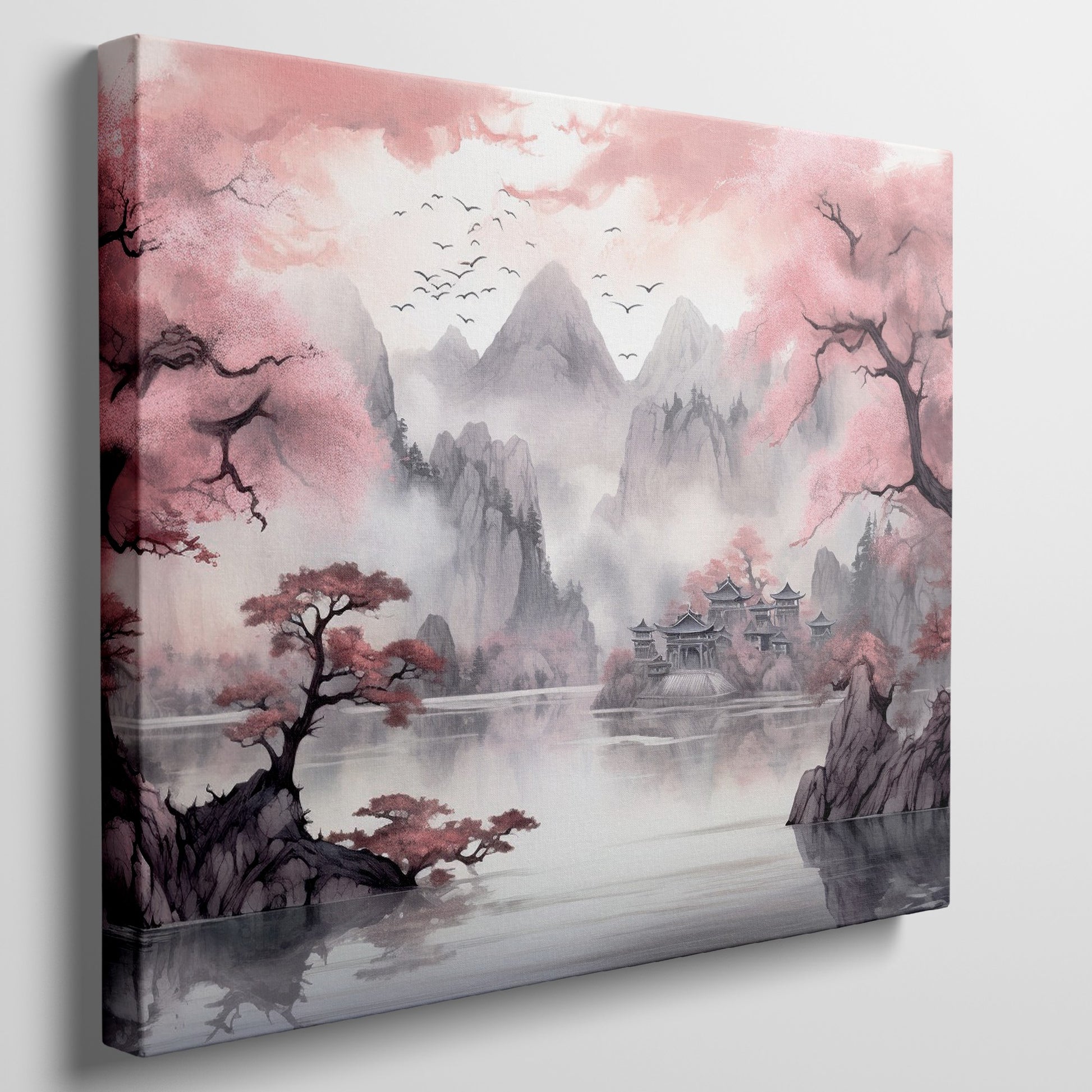 Framed canvas print of Asian landscape with cherry blossoms and misty mountains