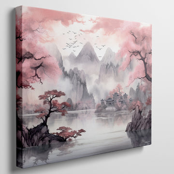 Framed canvas print of Asian landscape with cherry blossoms and misty mountains