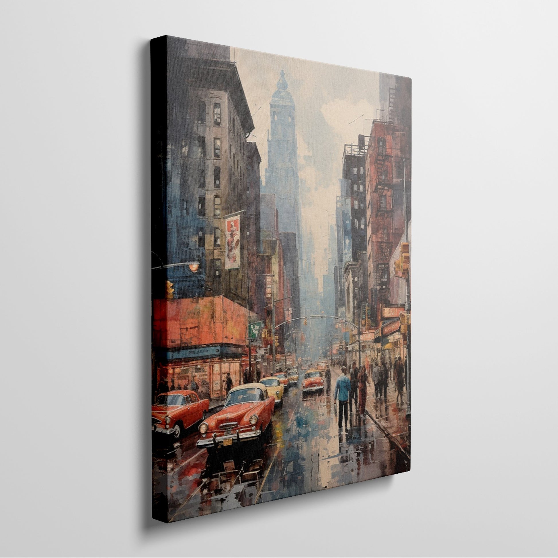 Framed canvas print of a rainy urban cityscape with vintage cars and reflections on the wet street