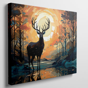 Abstract canvas art of a deer in a sunset forest scene with vibrant orange and blue colors.