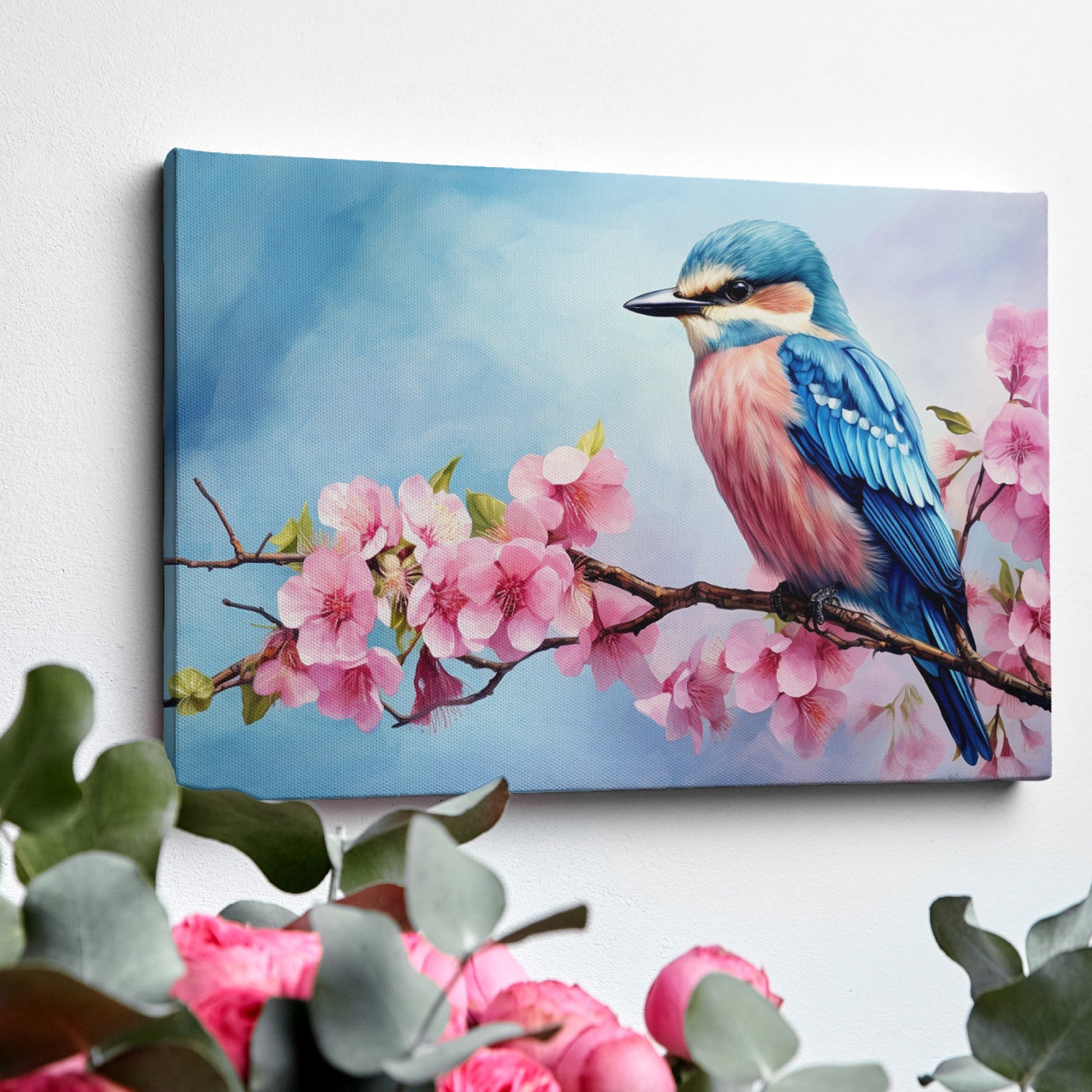 Framed canvas print of a colourful bird on a blossoming cherry branch