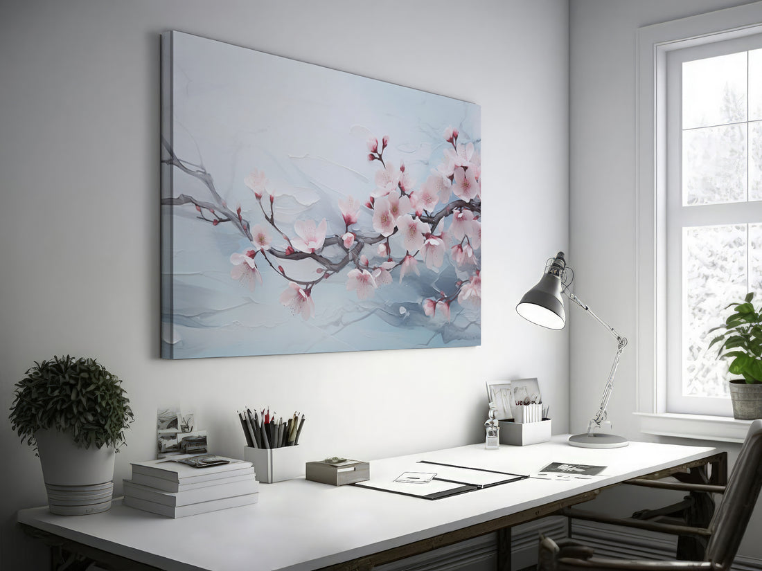 Framed canvas print of Sakura cherry blossoms with soft pink petals against a gentle blue background