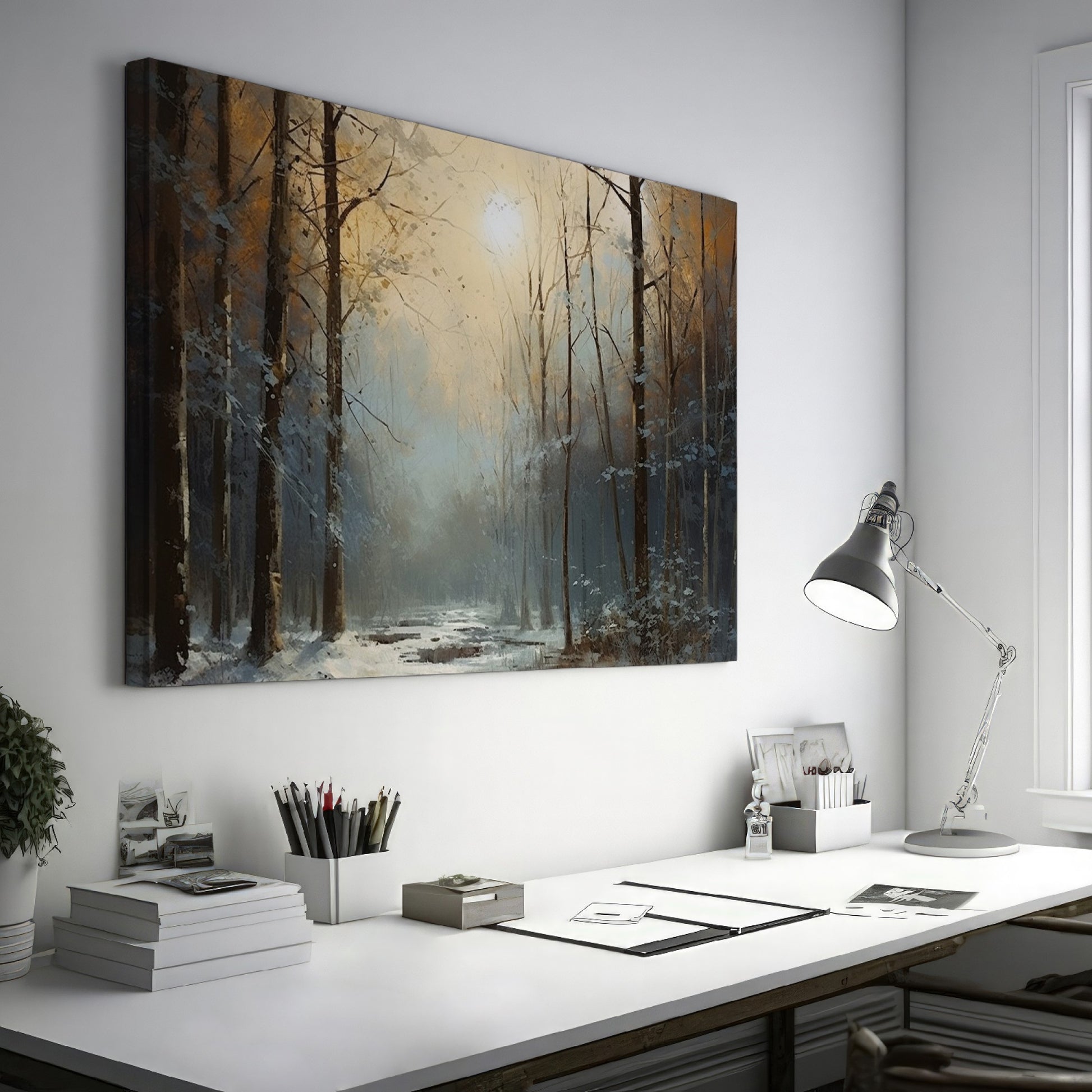 Framed canvas print of a tranquil snowy forest glade with soft dawn light filtering through the trees