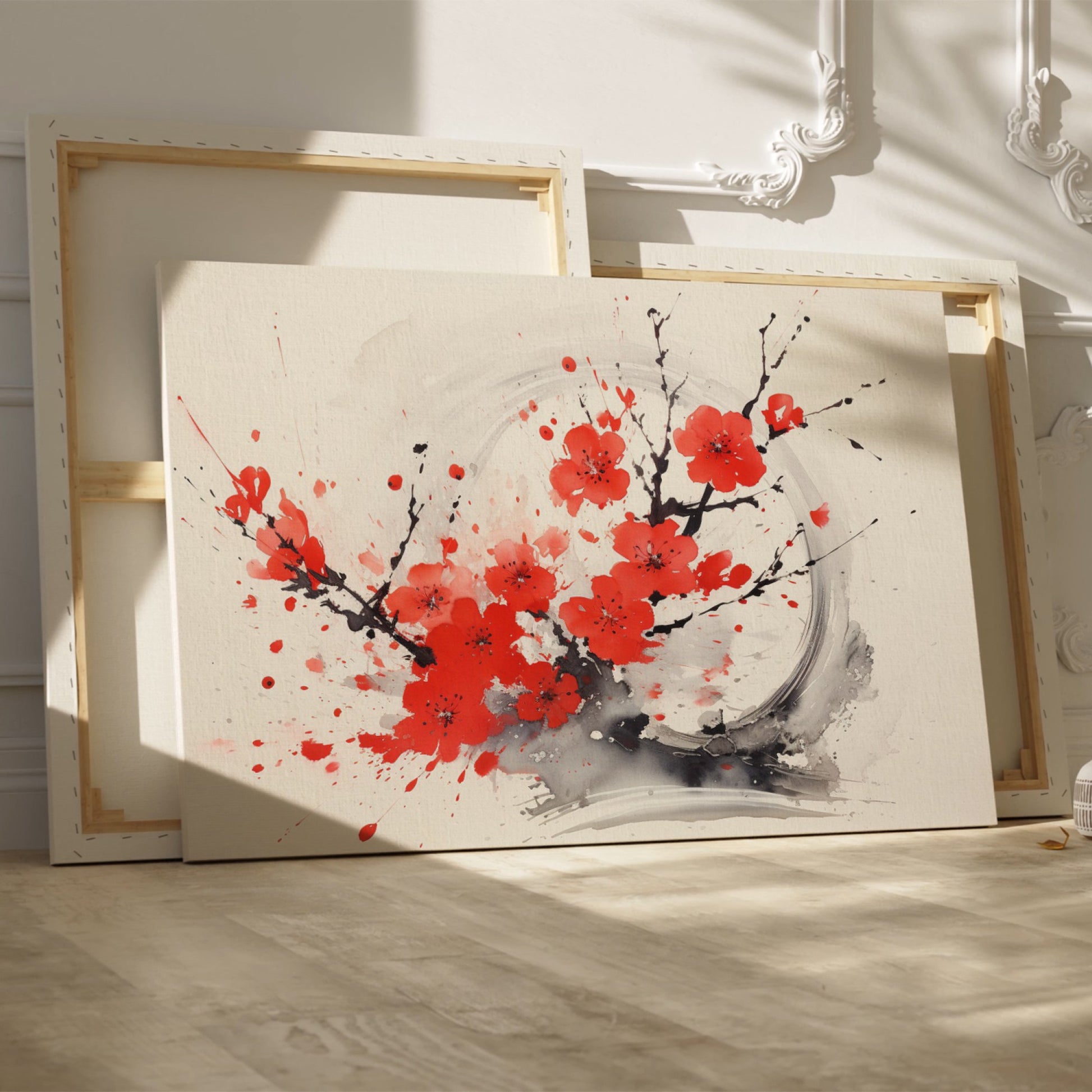 Framed canvas print of abstract ink wash cherry blossoms in vibrant red and black